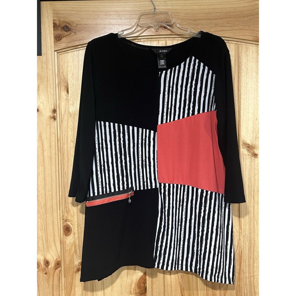 Ali Miles Women’s Tunic Red Black White Color Block Panels Front Pocket M